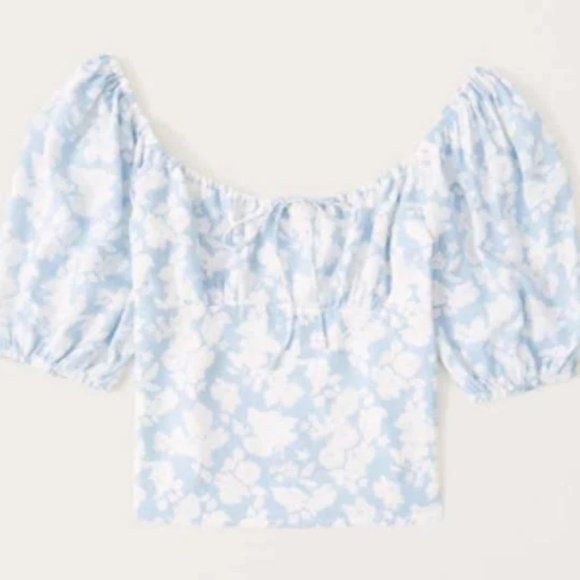 Abercrombie Light Blue and White Floral Linen Puff Sleeve Corset - Picture 5 of 5